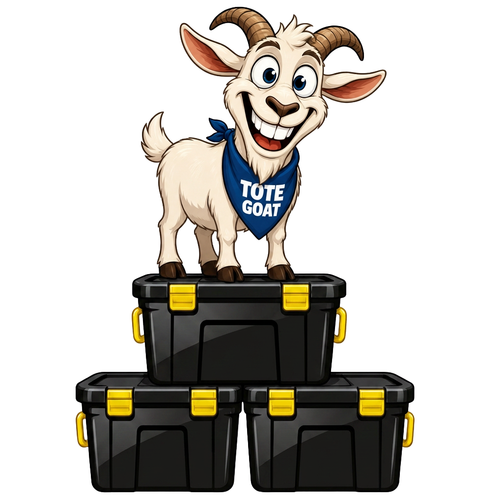 Tote Goat mascot leaning on a stack of blue moving totes